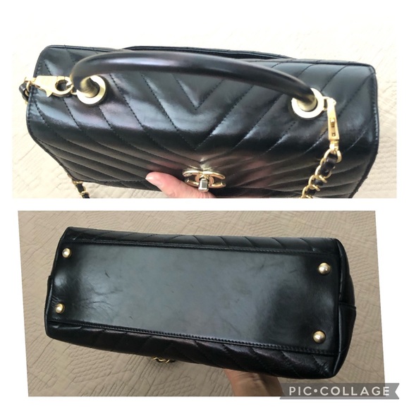 Chanel Coco top handles chevron Iridescent calfskin Leather flap small size bag. - Picture 7 of 17